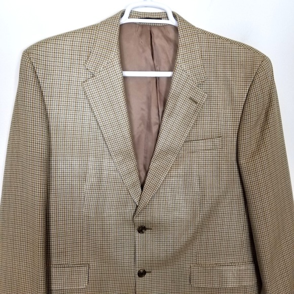 Chaps Men 100% Silk Houndstooth Blazer Jacket Sz 42 R Beige Brown Sport Coat - Picture 2 of 9